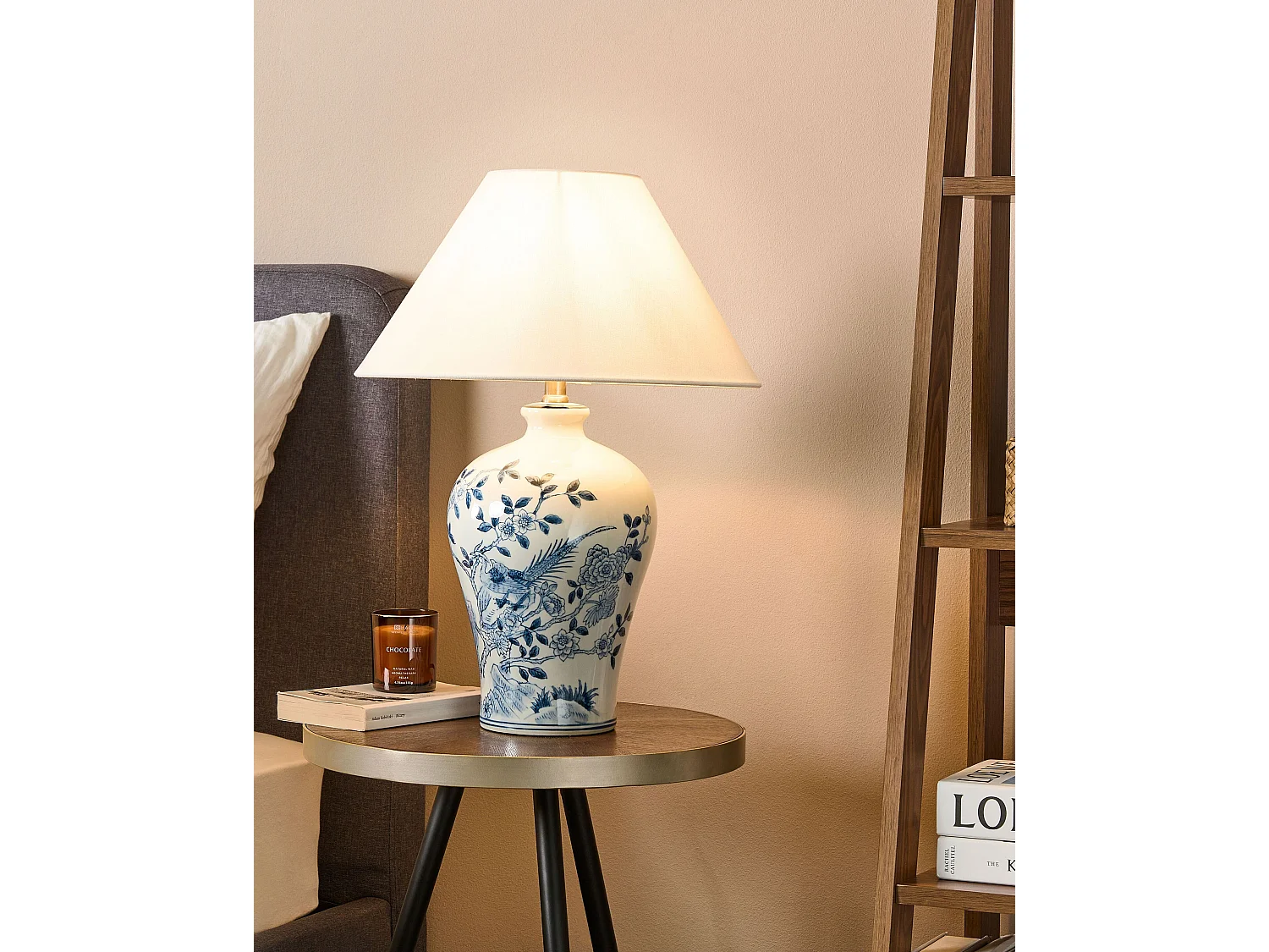 Tischlampe Porzellan blau / weiß Vasenform mit Stoffschirm Kegelform Magros