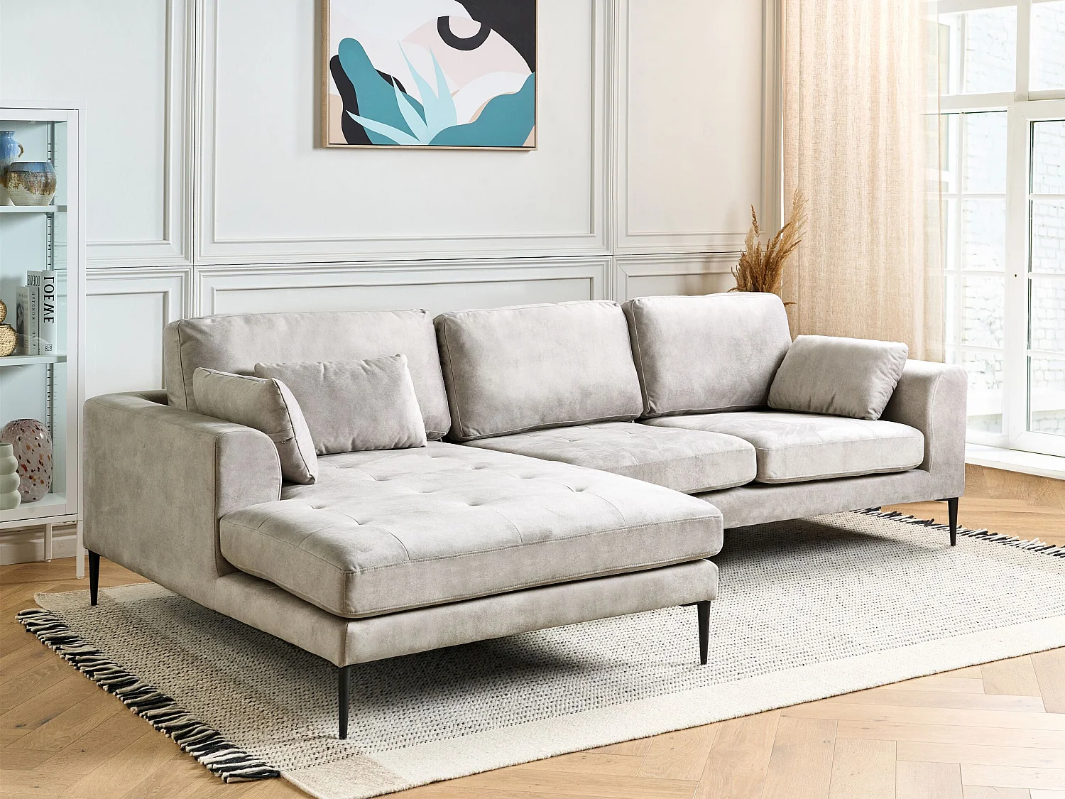 Ecksofa FLAM Samtstoff Grau 3-Sitzer rechtsseitig