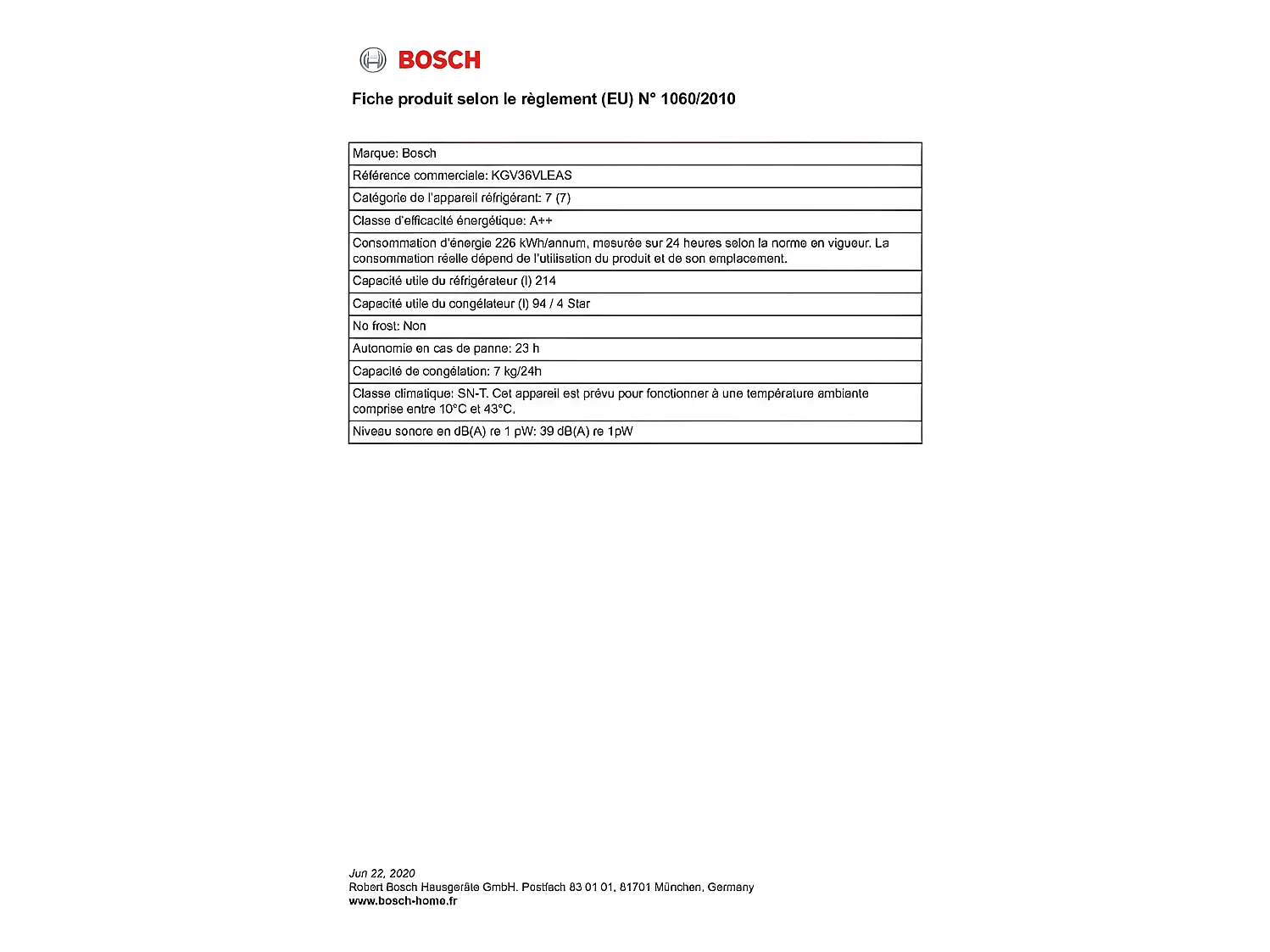 Réfrigérateurs combinés 350L Froid Statique BOSCH 60cm E, KGV 36 VLEAS