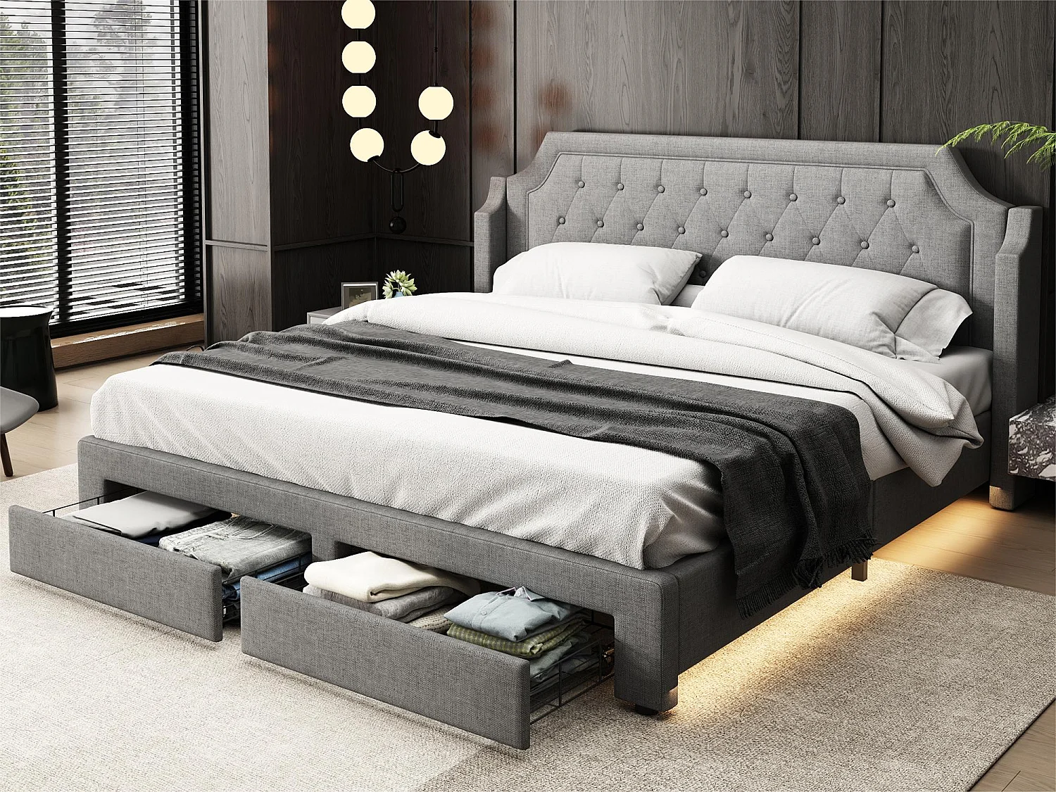 Gepolstertes Leinenbett – 180 x 200 cm – mit LED und Schubladen – Grau
