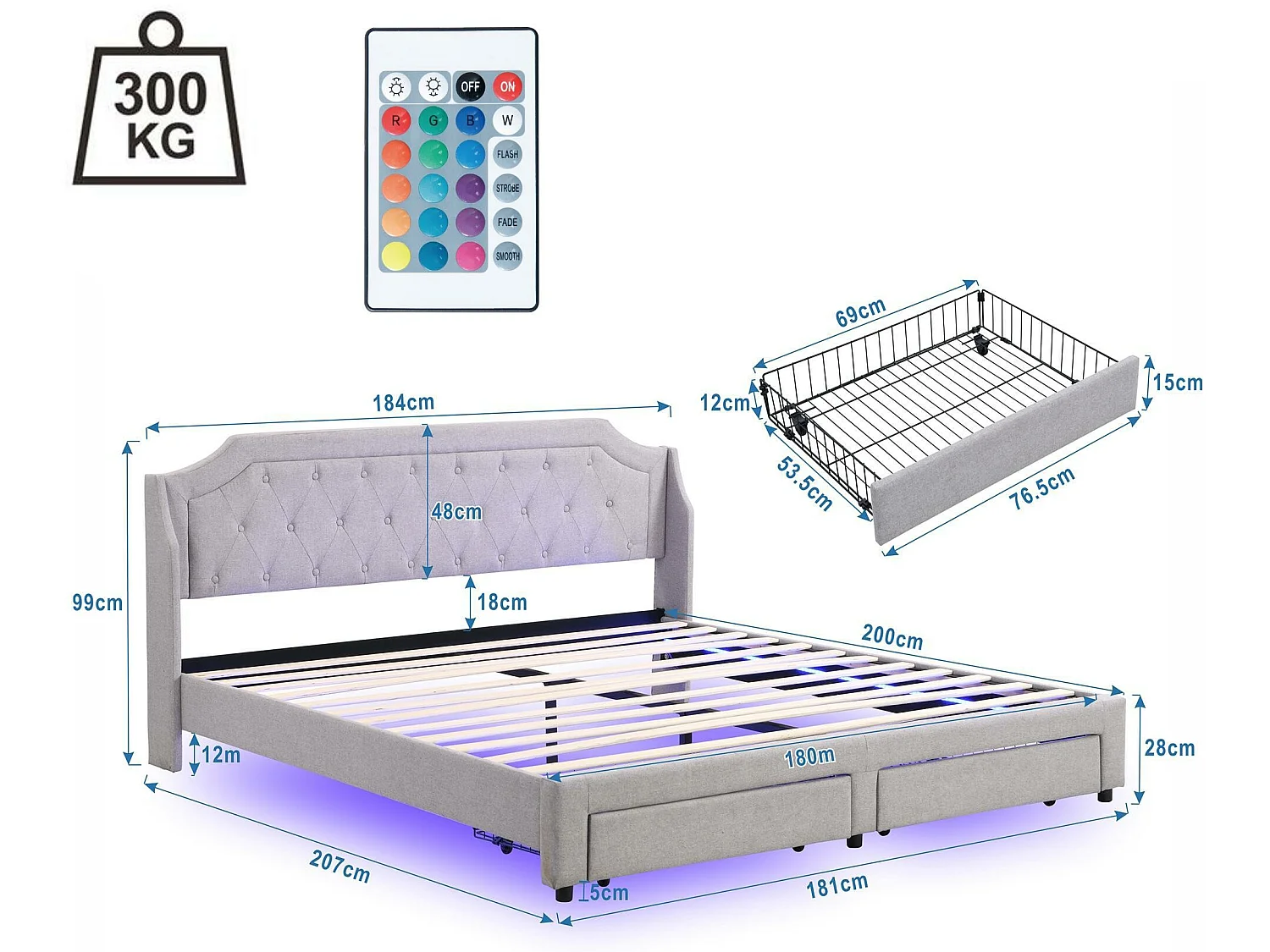Gepolstertes Leinenbett – 180 x 200 cm – mit LED und Schubladen – Grau