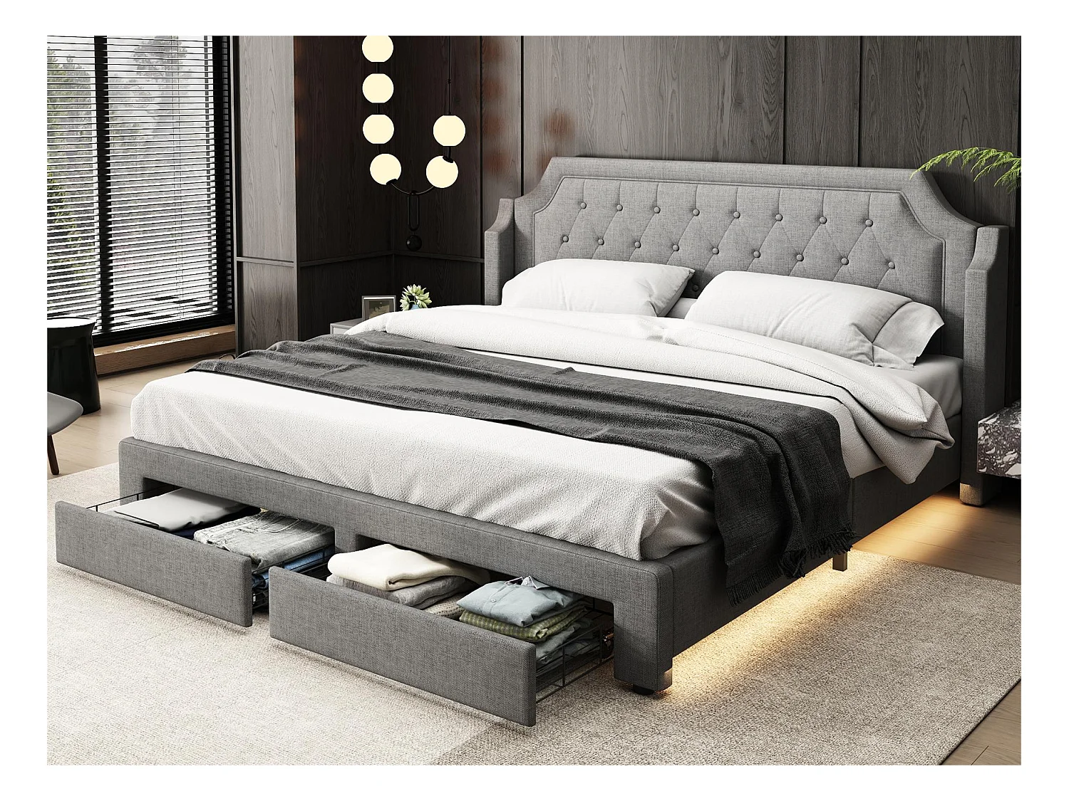 Lit rembourré en lin 180x200cm avec LED et tiroirs - sommier à lattes - Gris