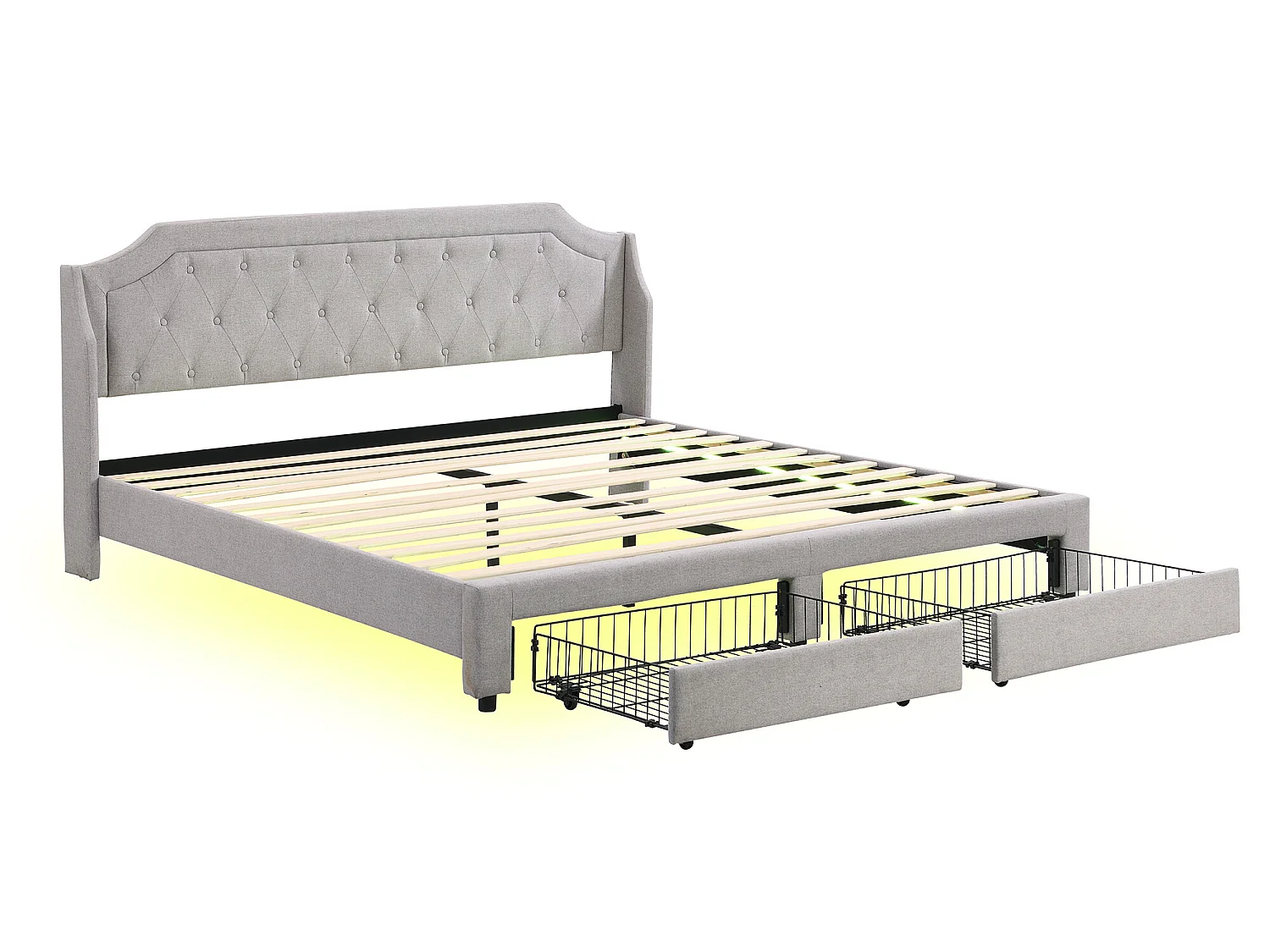 Gepolstertes Leinenbett – 180 x 200 cm – mit LED und Schubladen – Grau
