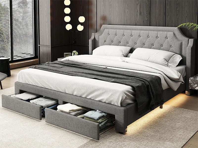 Lit rembourré en lin 180x200cm avec LED et tiroirs - sommier à lattes - Gris