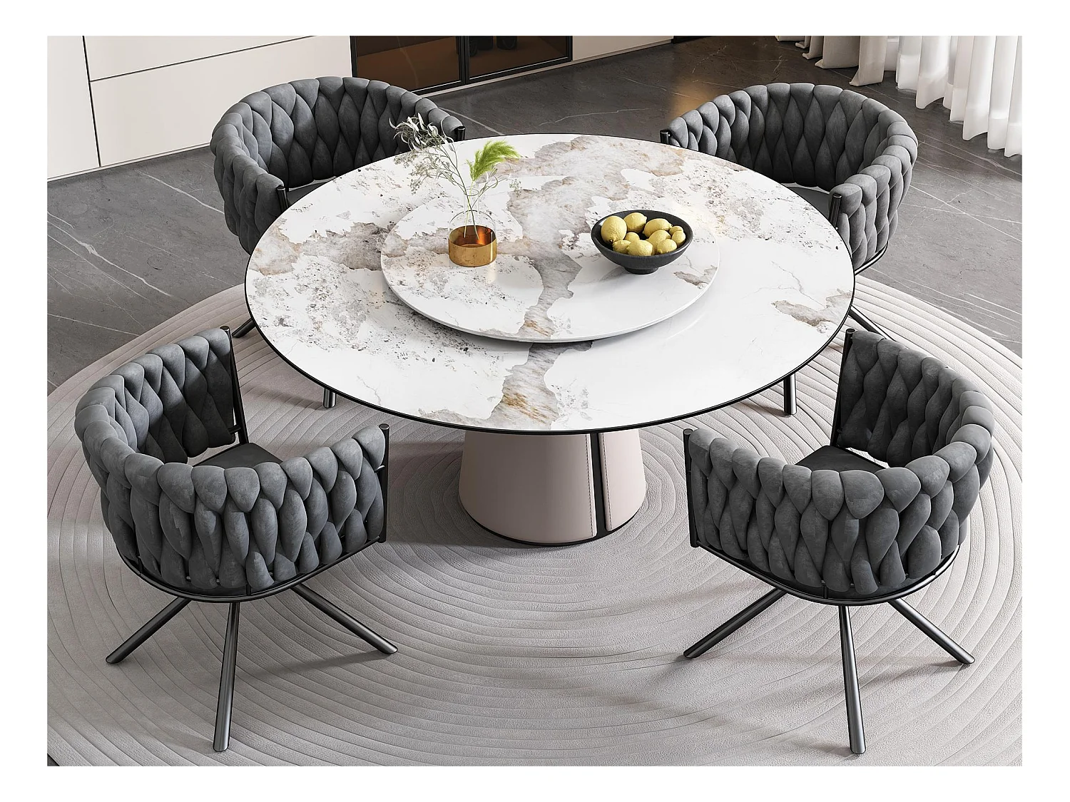 Lot de 4 Chaises pivotantes en velours avec accoudoirs - pieds en métal - Gris