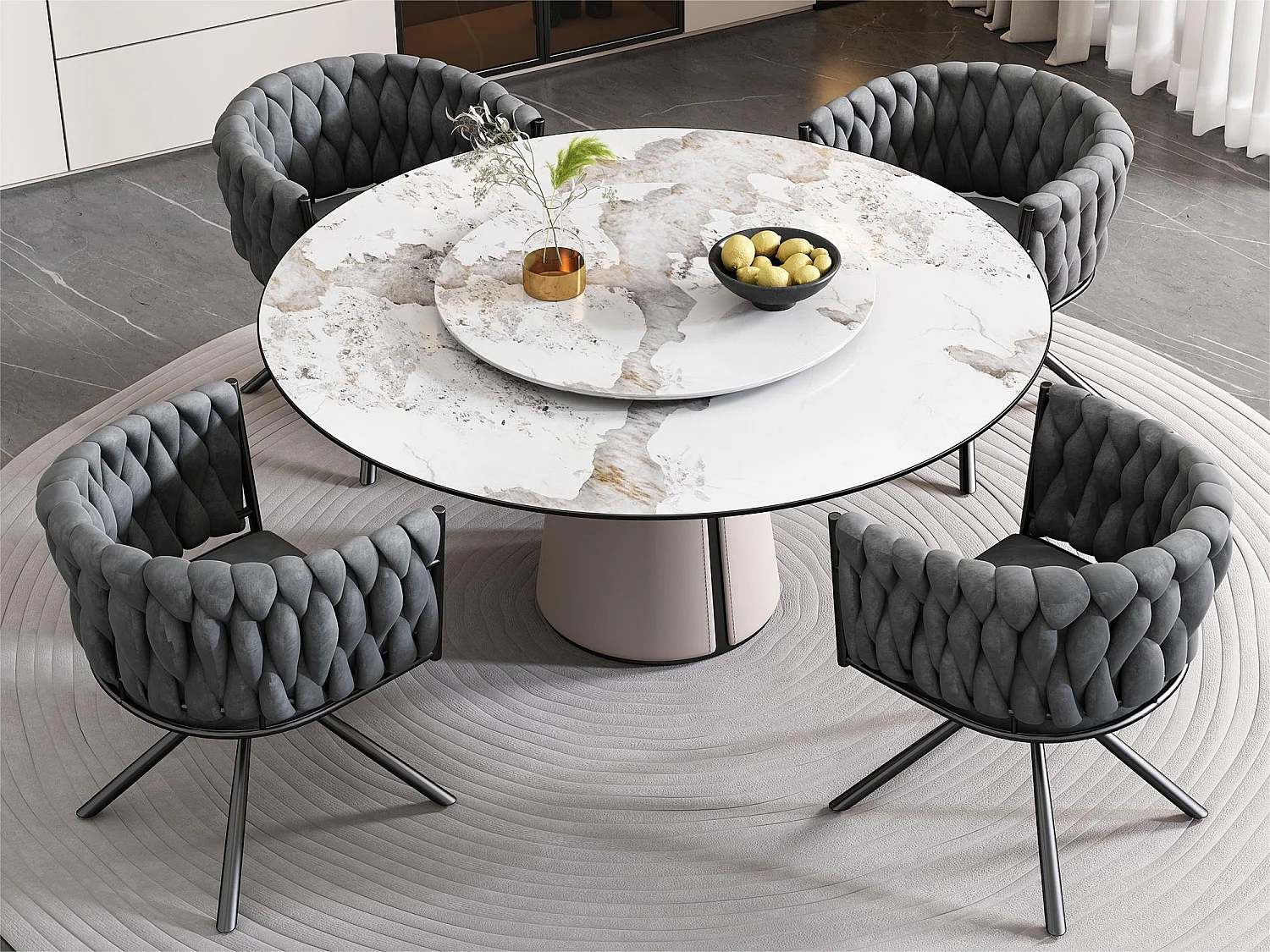 Lot de 4 Chaises pivotantes en velours avec accoudoirs - pieds en métal - Gris