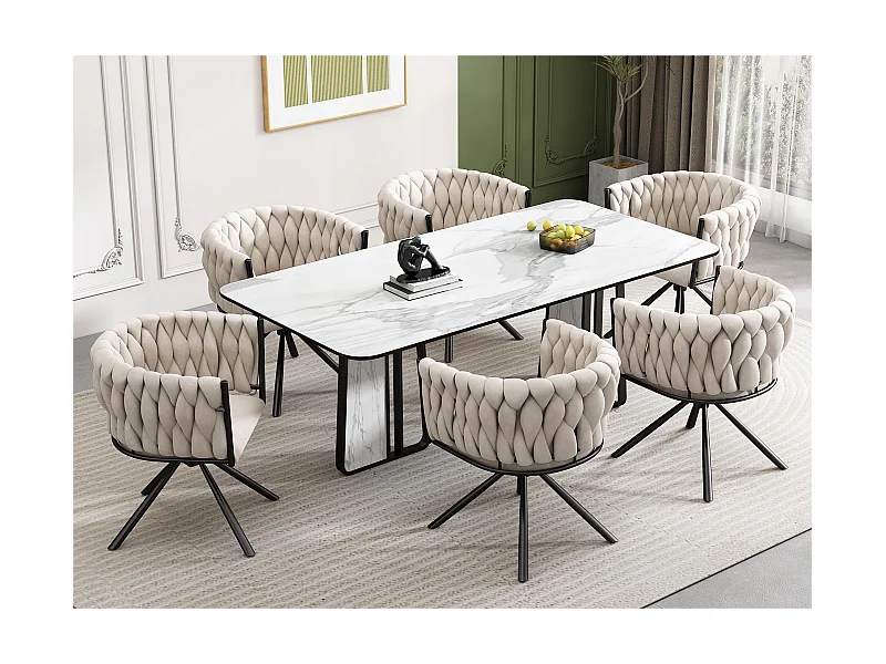 Stuhl 6er-Set aus Samt mit Armlehnen – Metallbeine – Beige