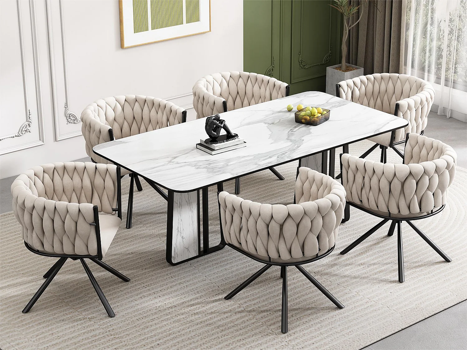 Juego de 6 sillas giratorias de terciopelo con reposabrazos - patas de metal - Beige