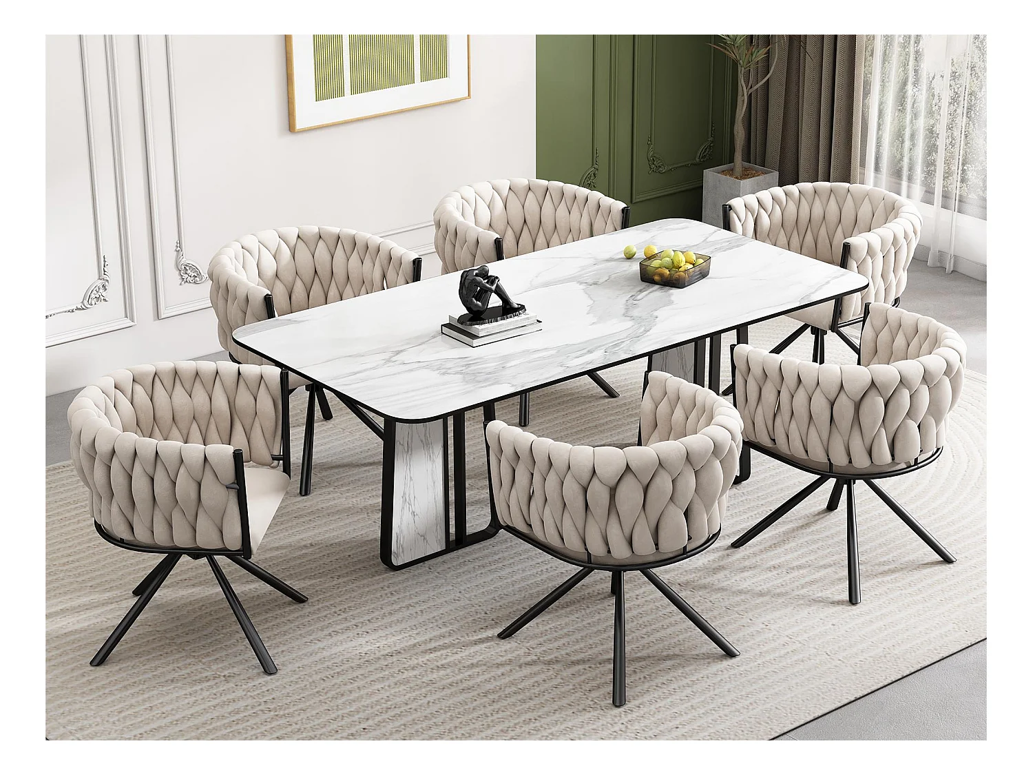 Lot de 6 Chaises pivotantes en velours avec accoudoirs - pieds en métal - Beige