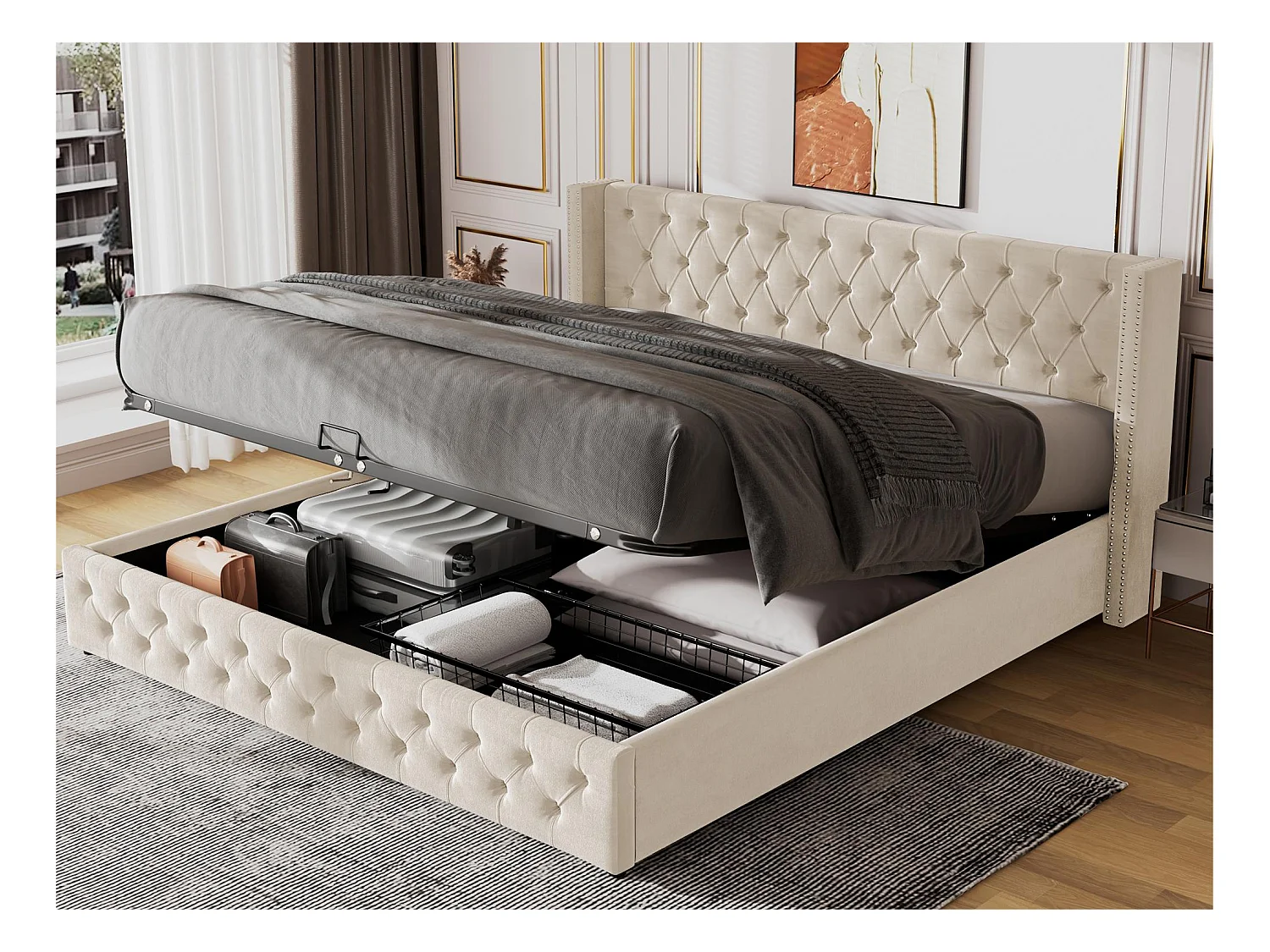 Lit coffre 180x200cm en velours avec sommier à lattes - Beige