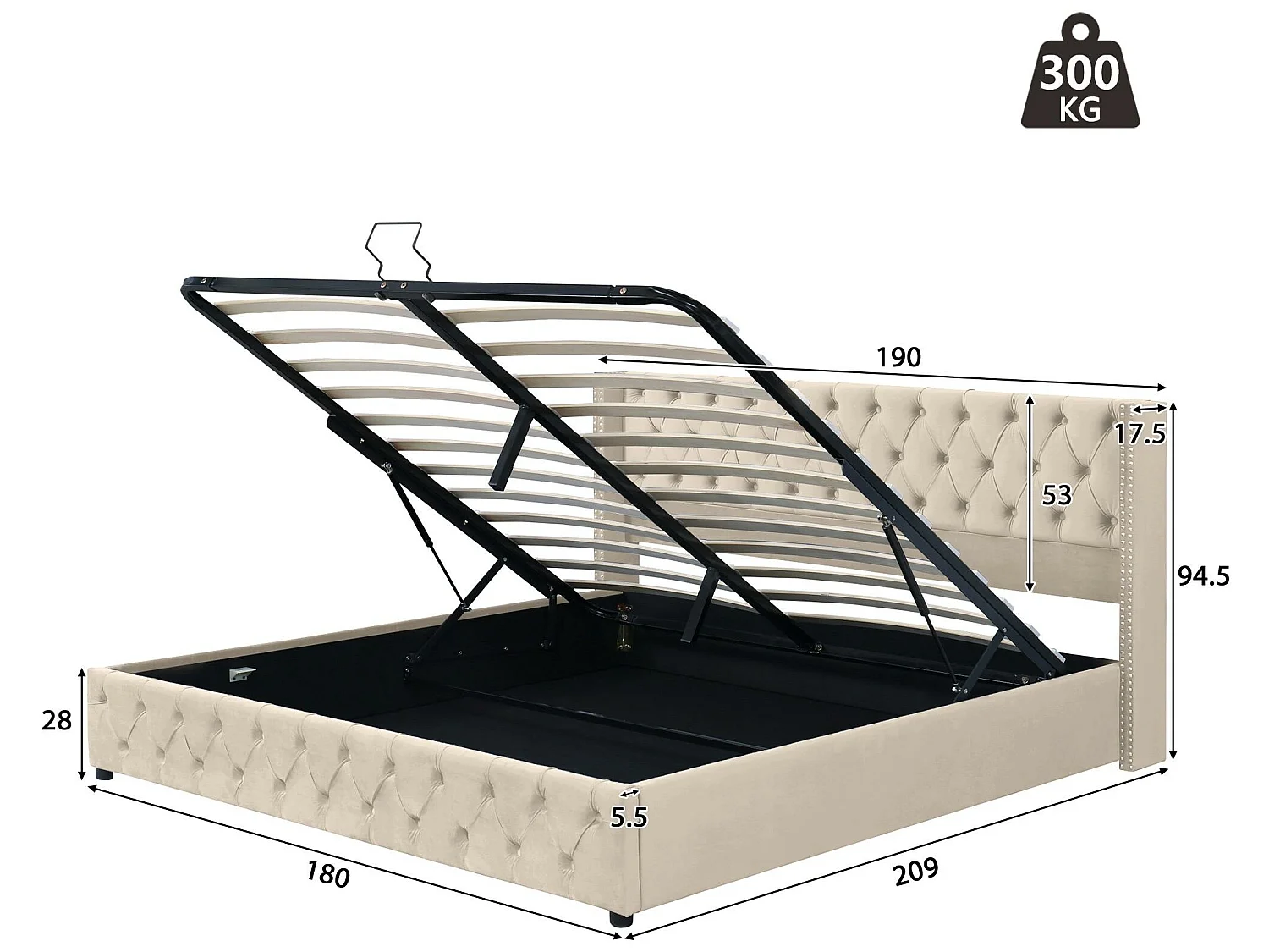 180x200cm fluwelen opbergbed met lattenbodem - Beige