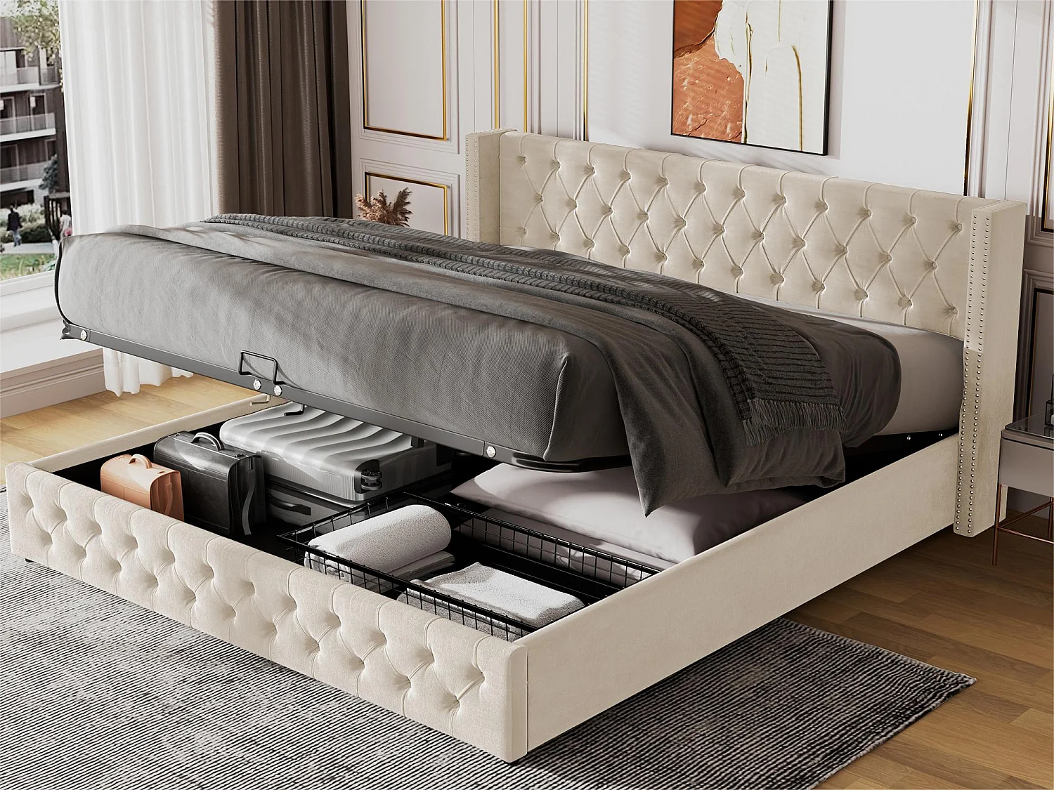 160x200cm fluwelen opbergbed met lattenbodem - Beige