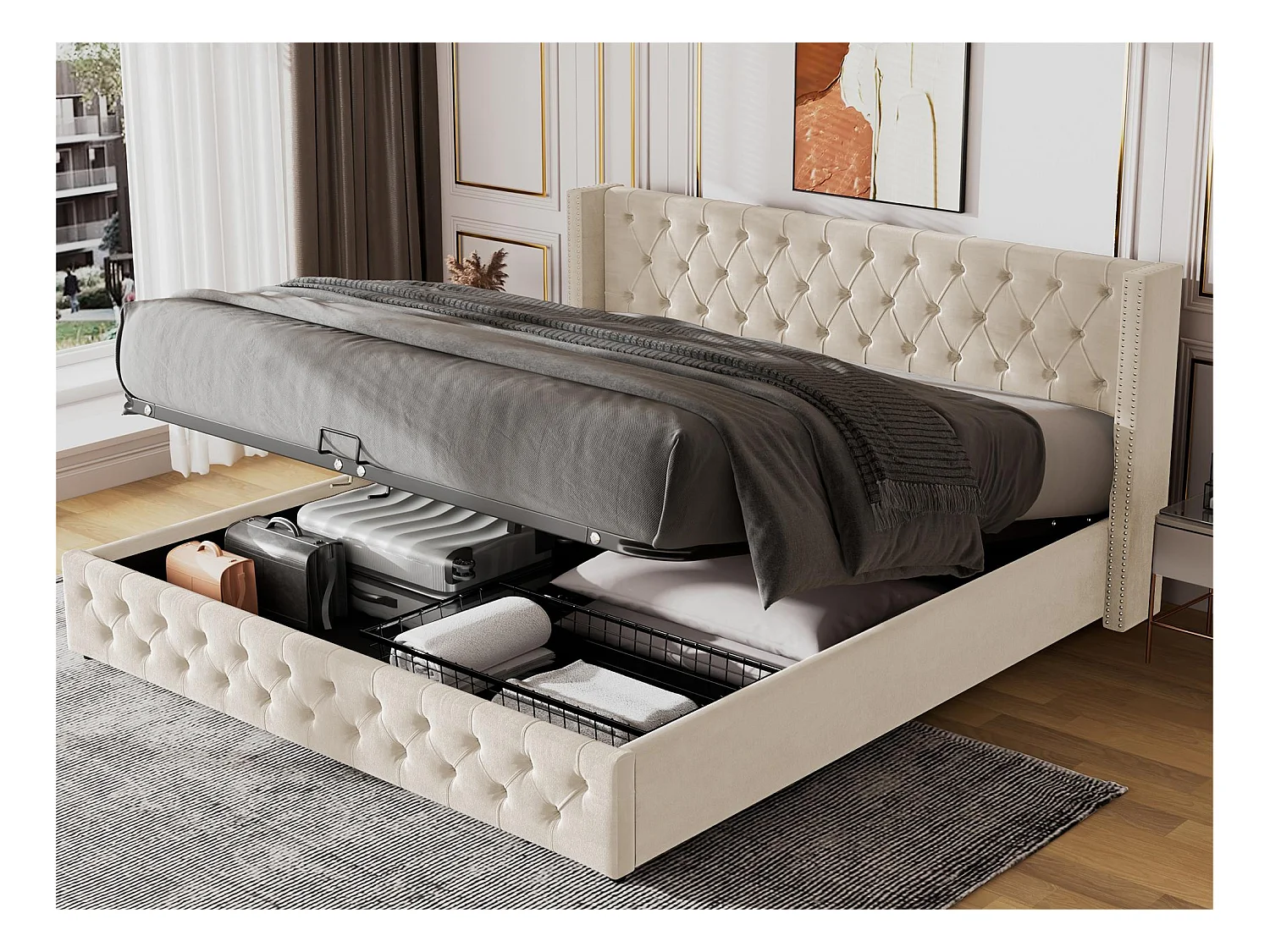 Lit coffre 160x200cm en velours avec sommier à lattes - Beige