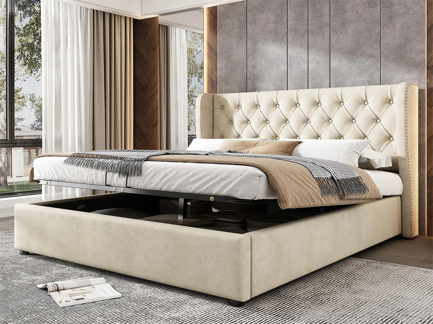 Lit coffre capitonné en velours 160x200cm avec sommier à lattes - Beige