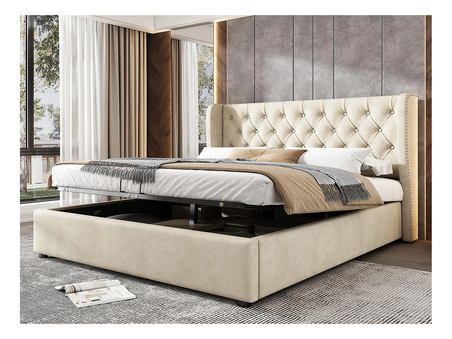 Fluweel gewatteerd opbergbed 160x200cm met lattenbodem - Beige