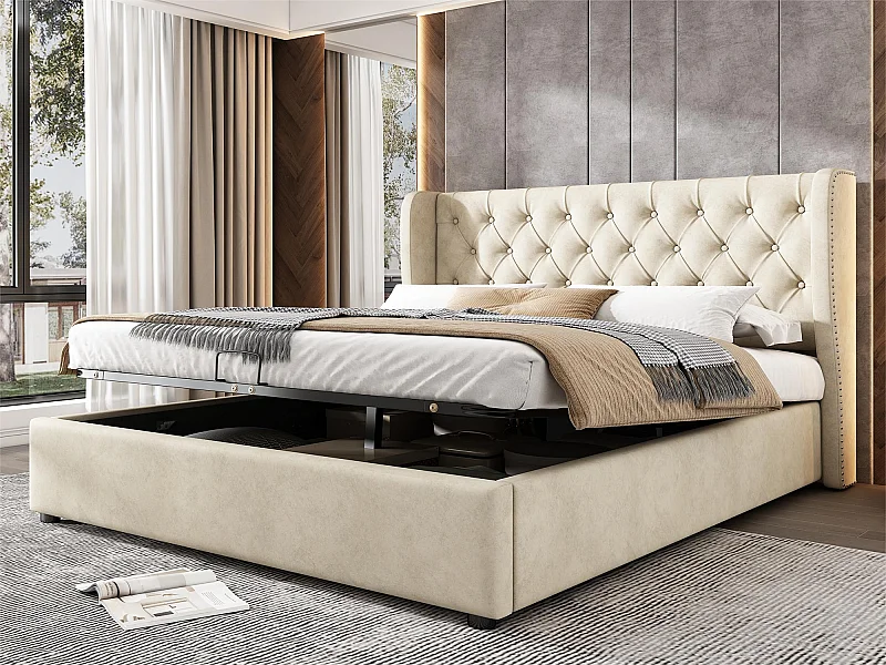 Fluweel gewatteerd opbergbed 160x200cm met lattenbodem - Beige