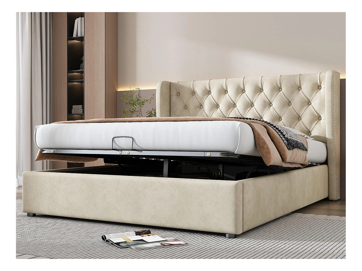 Lit coffre capitonné en velours 140x200cm avec sommier à lattes - Beige