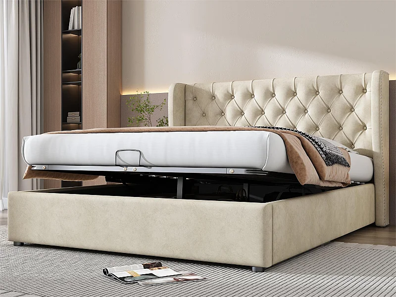 Fluweel gewatteerd opbergbed 140x200cm met lattenbodem - Beige