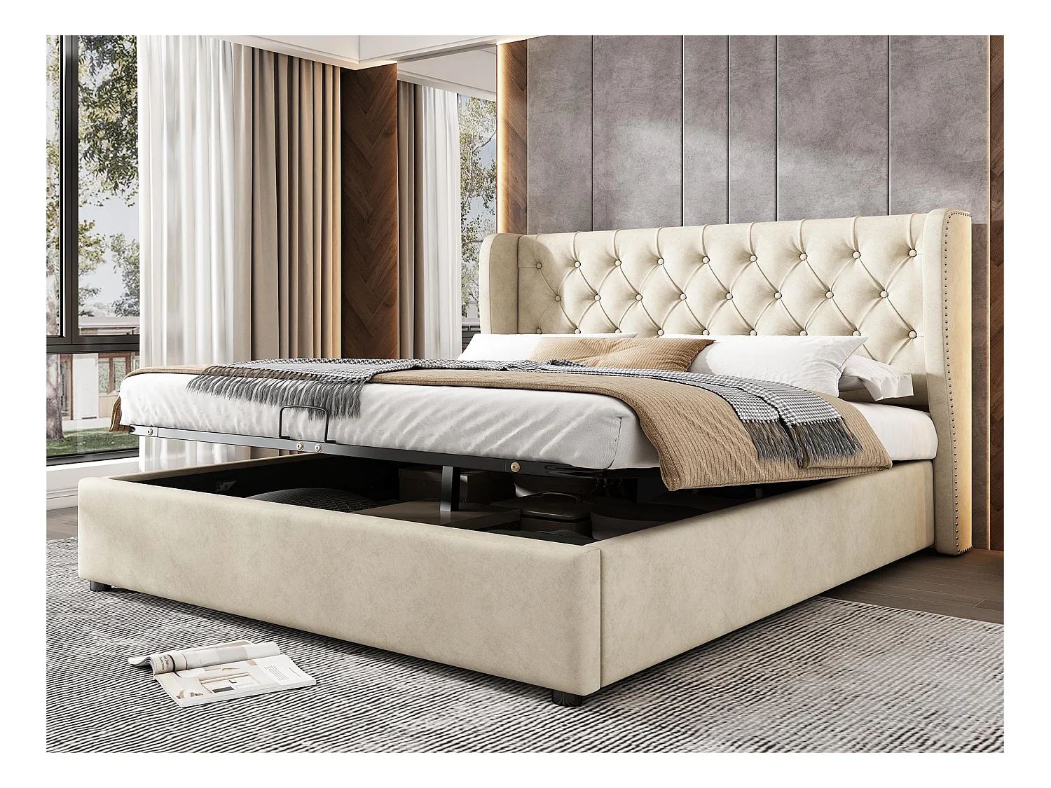 Lit coffre capitonné en velours 180x200cm avec sommier à lattes - Beige