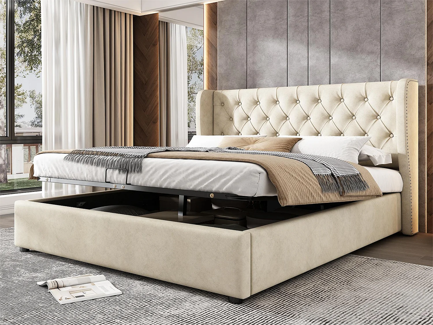 Samtgepolstertes Stauraumbett 180 x 200 cm mit Lattenrost – Beige