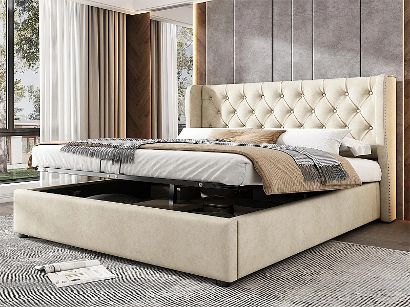 Lit coffre capitonné en velours 180x200cm avec sommier à lattes - Beige