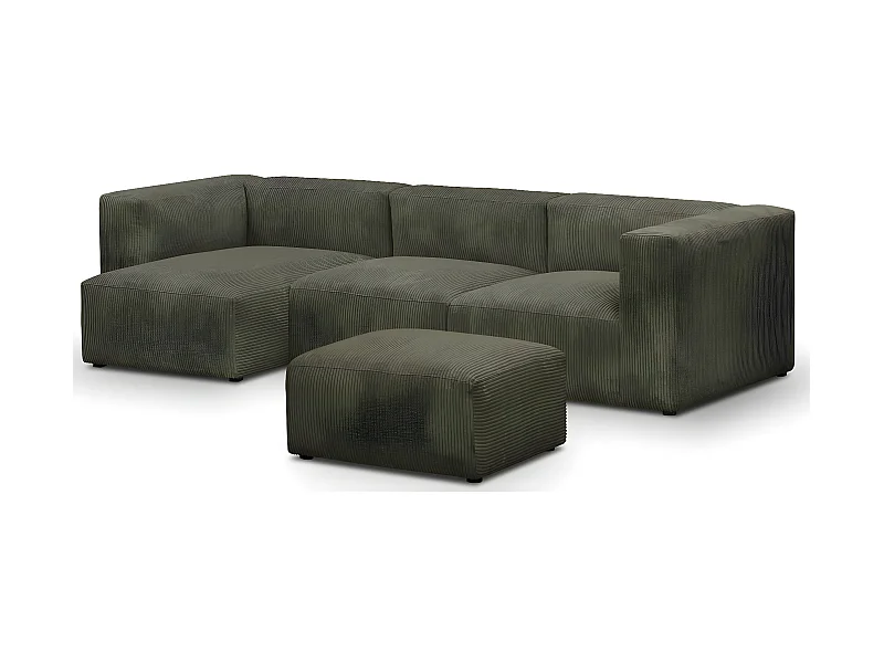 Canapé d'angle à gauche modulable avec méridienne 4 places en velours côtelé vert kaki + pouf - Modulo