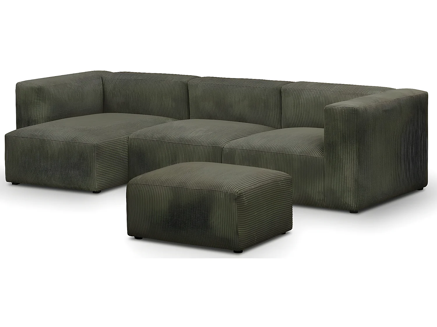 Canapé d'angle à gauche modulable avec méridienne 4 places en velours côtelé vert kaki + pouf - Modulo