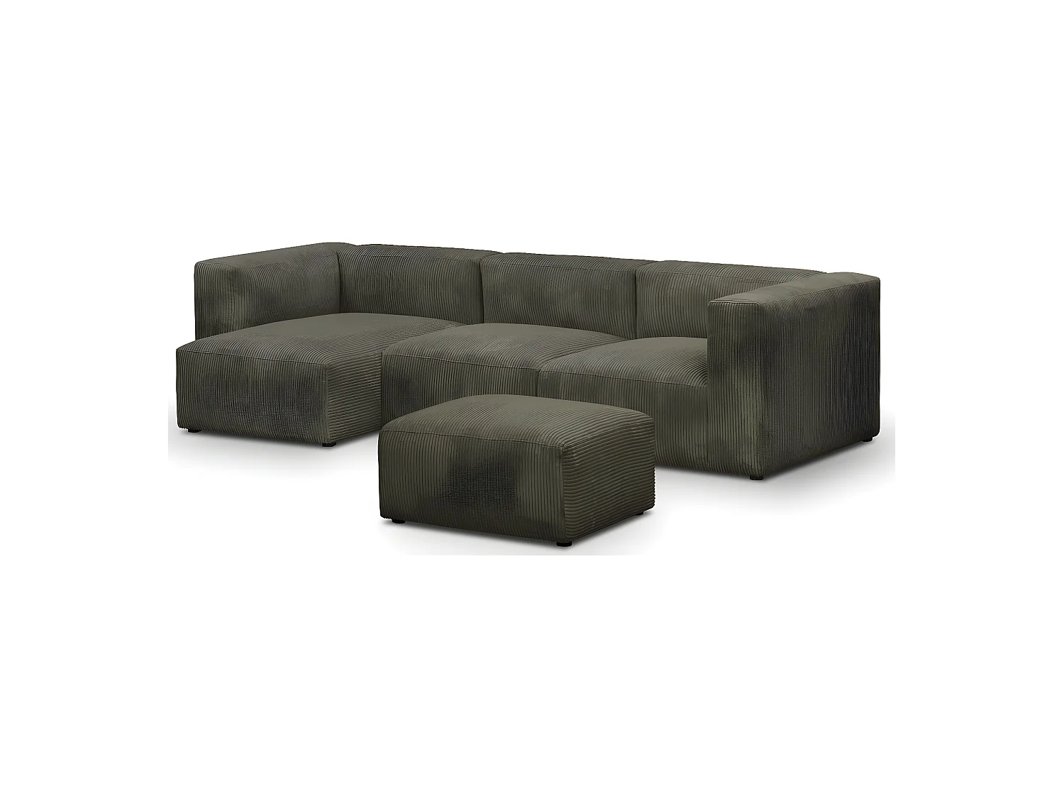 Canapé d'angle à gauche modulable avec méridienne 4 places en velours côtelé vert kaki + pouf - Modulo