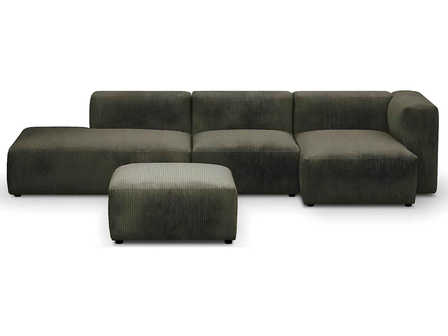 Canapé d'angle à droite modulable avec méridienne 5 places en velours côtelé vert kaki + pouf - Modulo