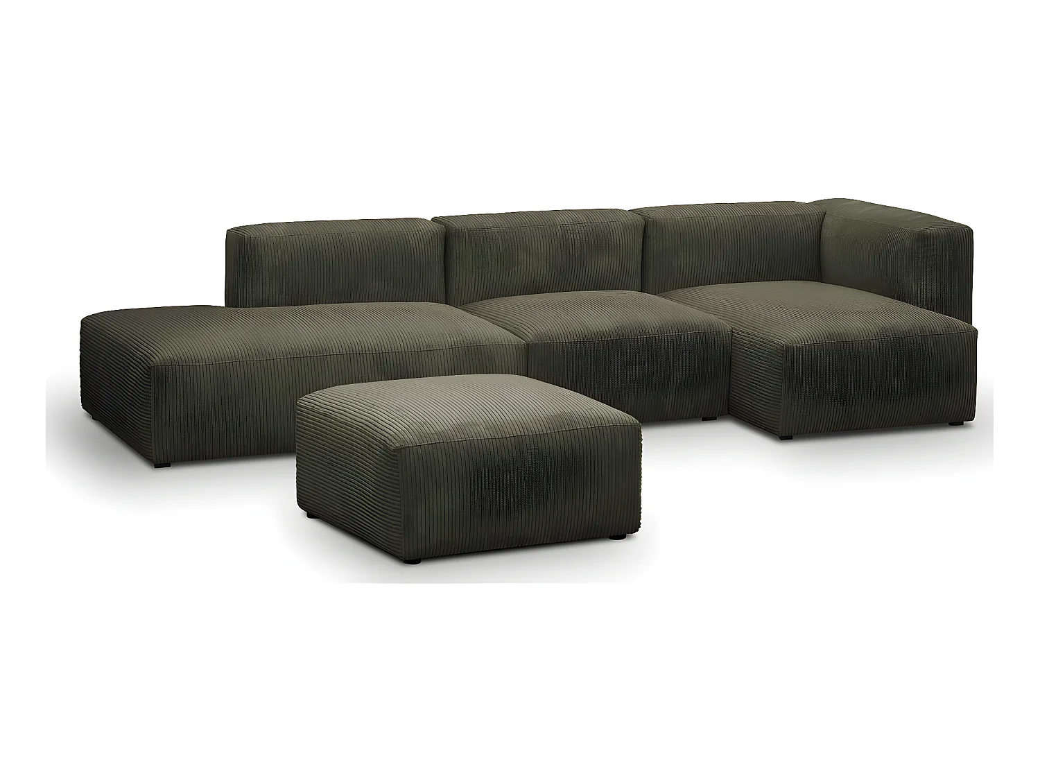 Canapé d'angle à droite modulable avec méridienne 5 places en velours côtelé vert kaki + pouf - Modulo