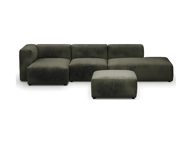 Canapé d'angle à gauche modulable avec méridienne 5 places en velours côtelé vert kaki + pouf - Modulo
