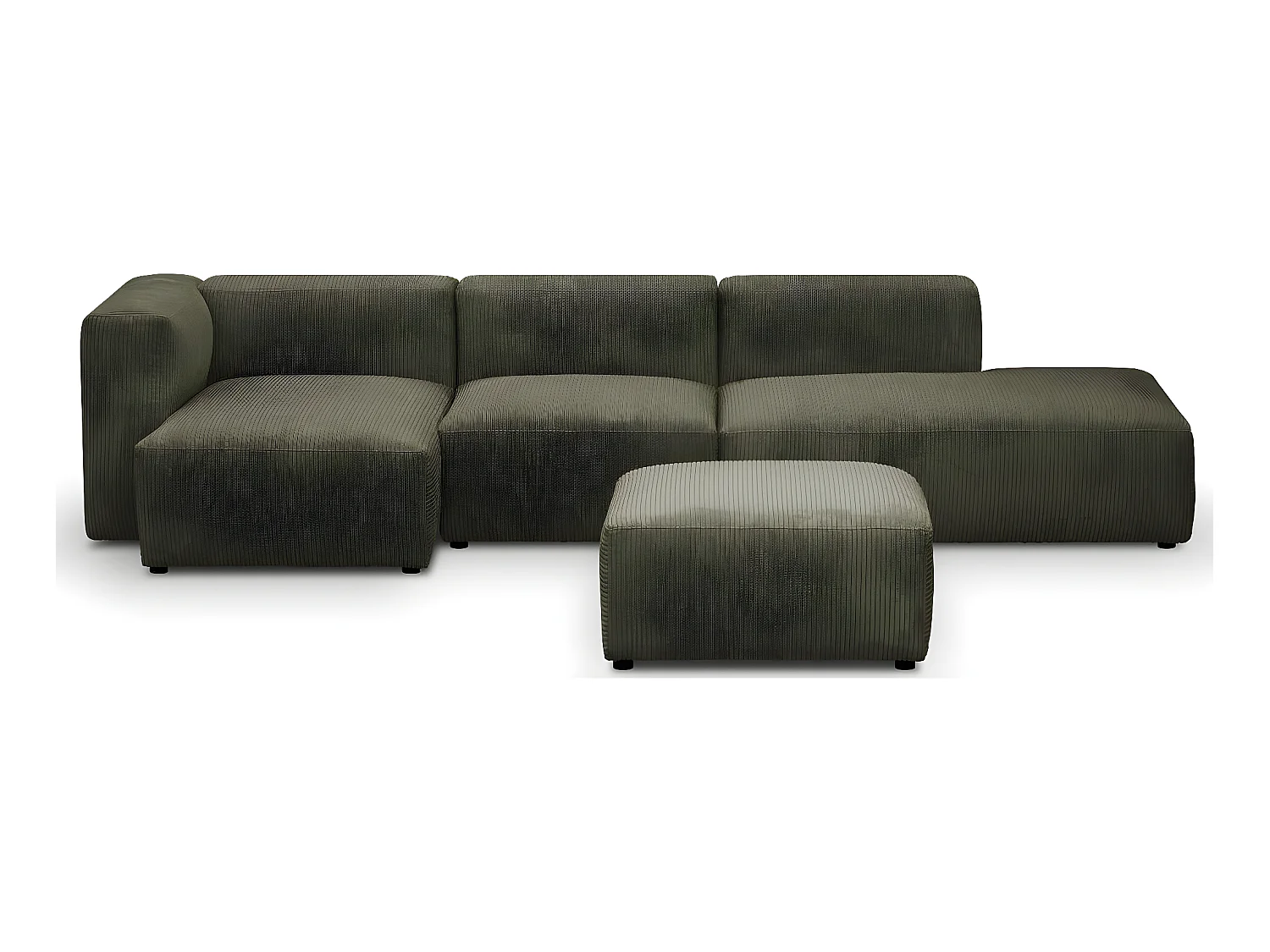 Canapé d'angle à gauche modulable avec méridienne 5 places en velours côtelé vert kaki + pouf - Modulo