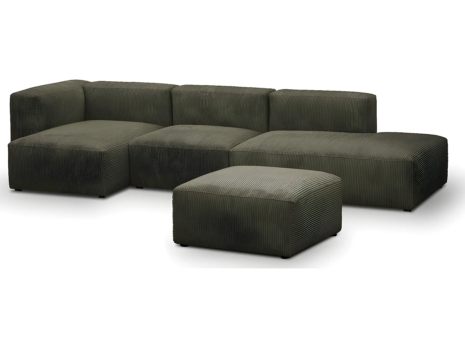 Canapé d'angle à gauche modulable avec méridienne 5 places en velours côtelé vert kaki + pouf - Modulo