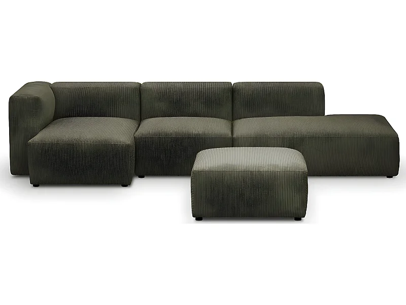 Canapé d'angle à gauche modulable avec méridienne 5 places en velours côtelé vert kaki + pouf - Modulo