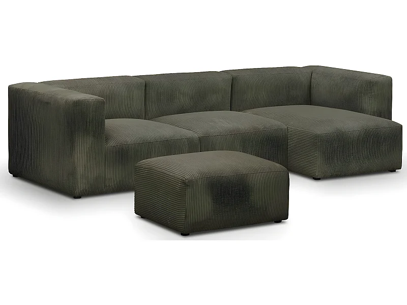 Canapé d'angle à droite modulable avec méridienne 4 places en velours côtelé vert kaki + pouf - Modulo