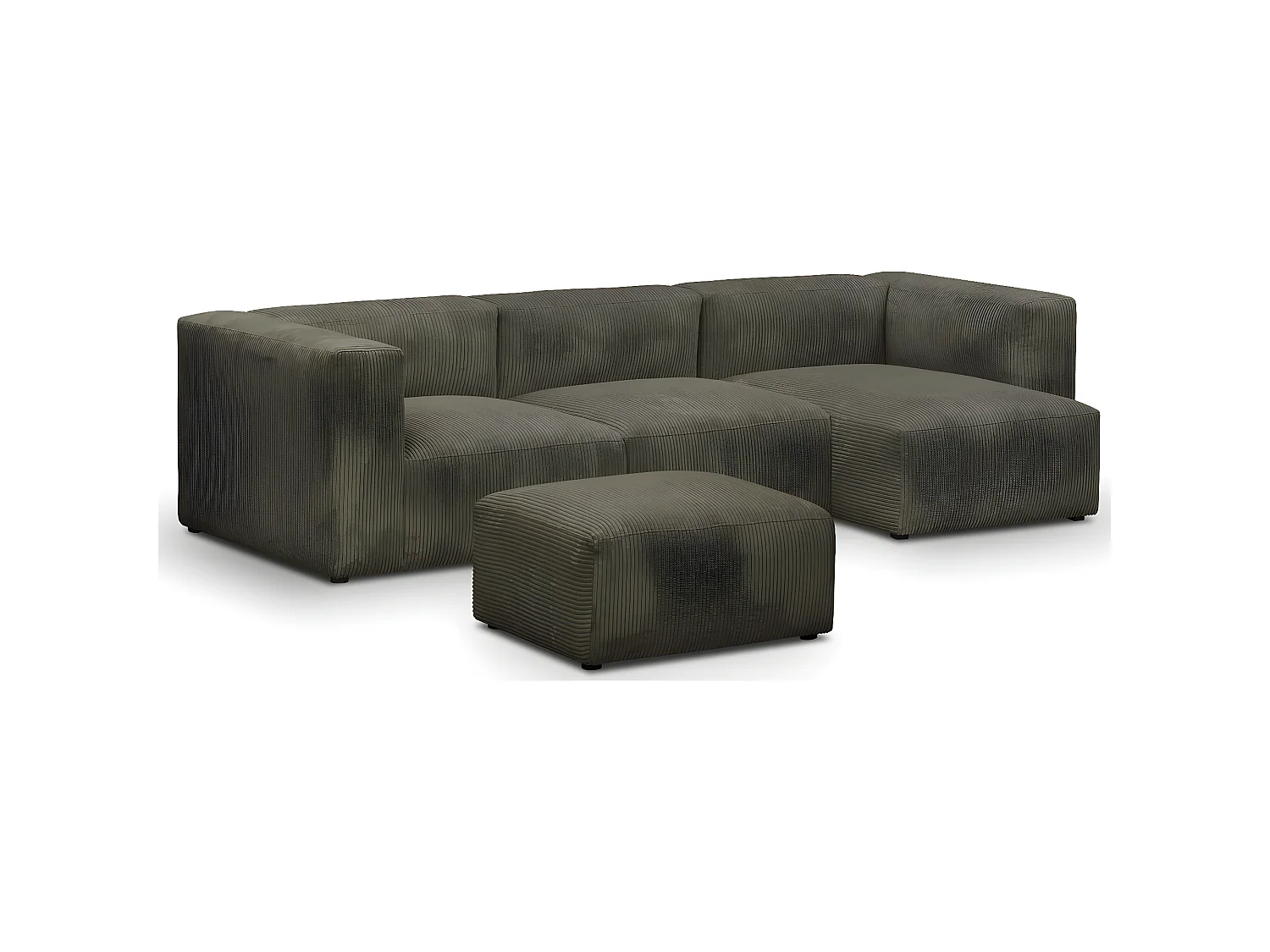 Canapé d'angle à droite modulable avec méridienne 4 places en velours côtelé vert kaki + pouf - Modulo