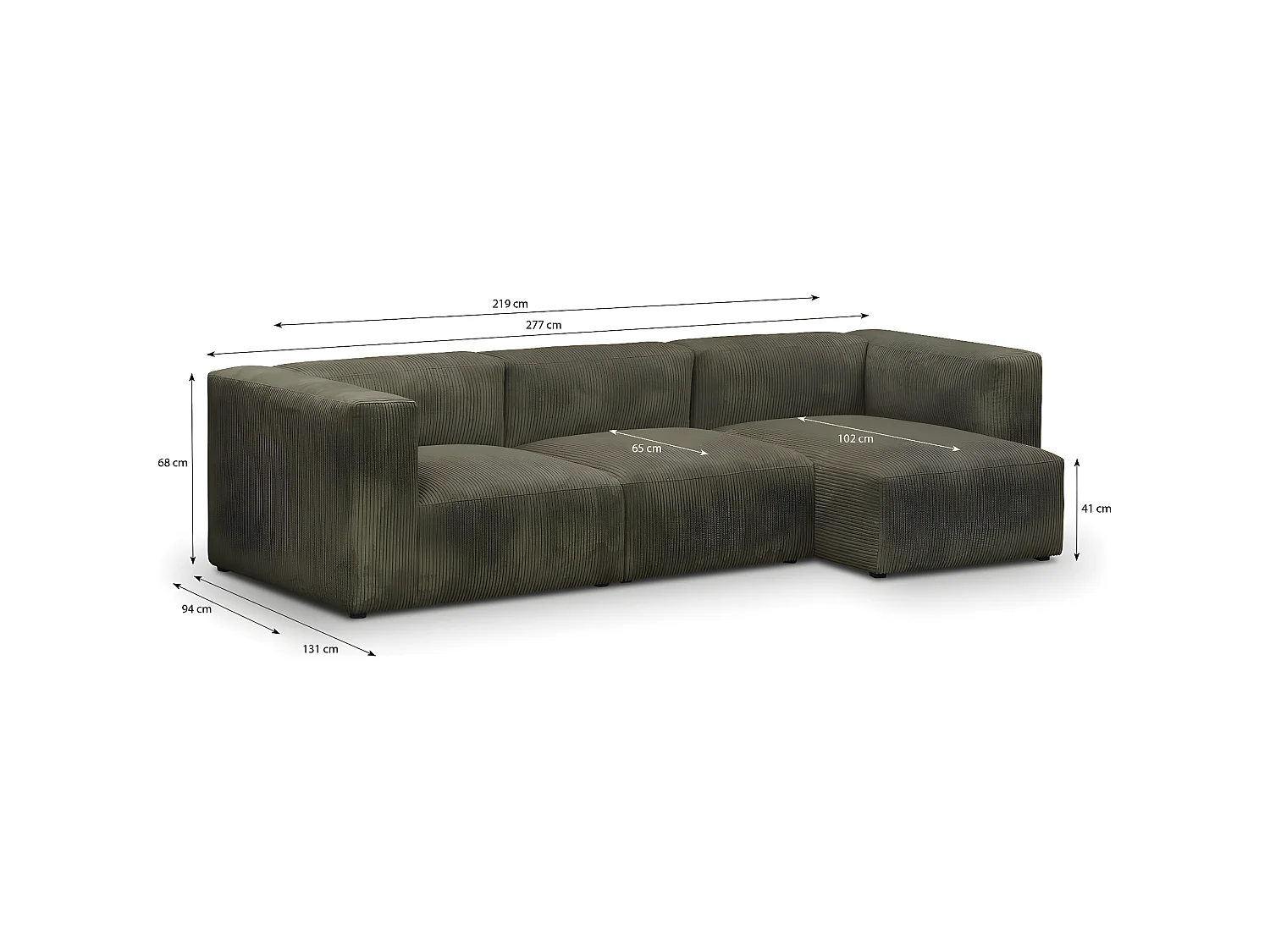 Canapé d'angle à droite modulable avec méridienne 4 places en velours côtelé vert kaki + pouf - Modulo