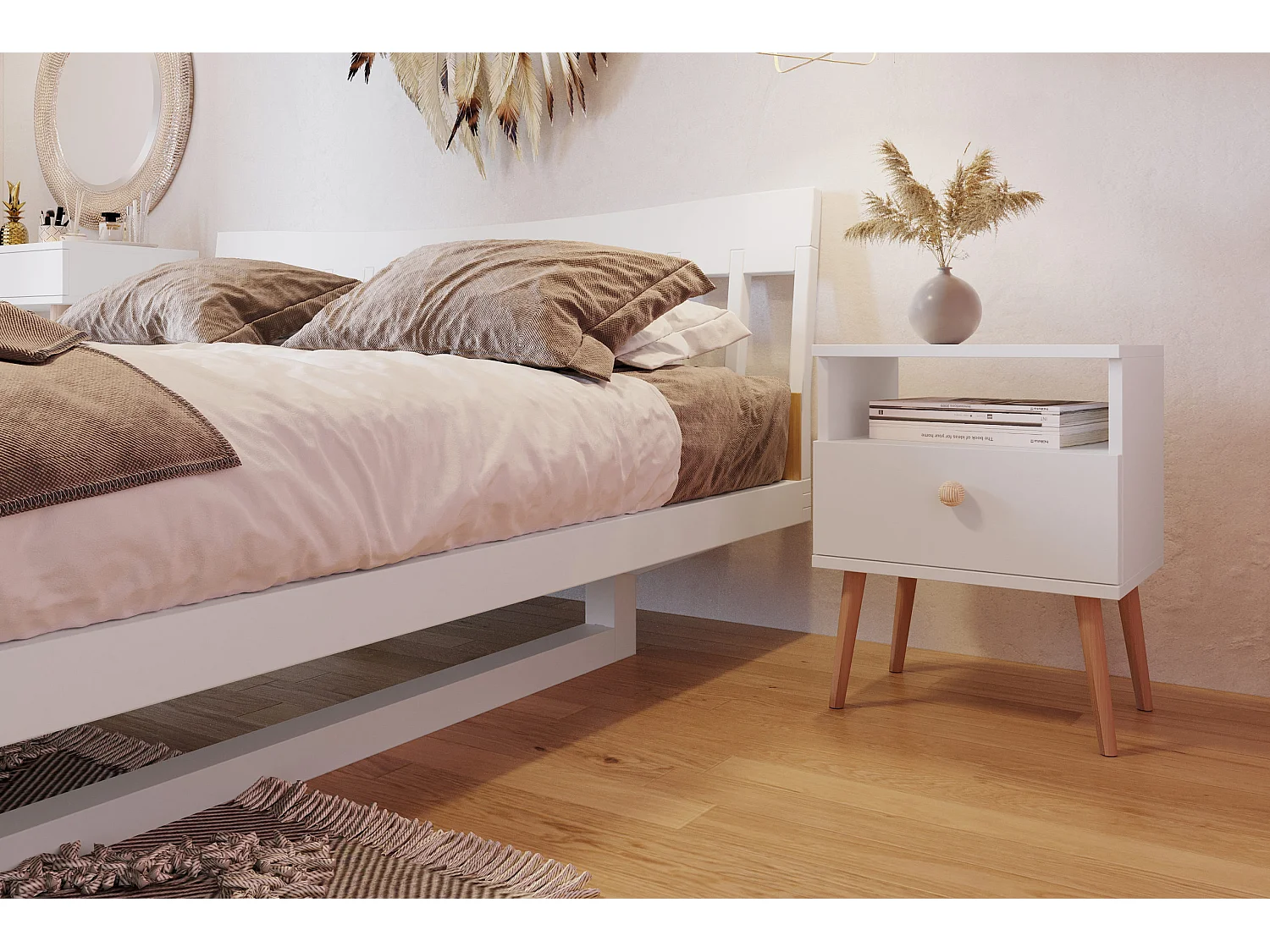 Table de chevet MALIBO 44 cm avec tiroir blanc mat