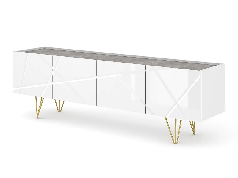 Meuble TV SPACE 180 cm 4D fraisée blanc brillant / béton