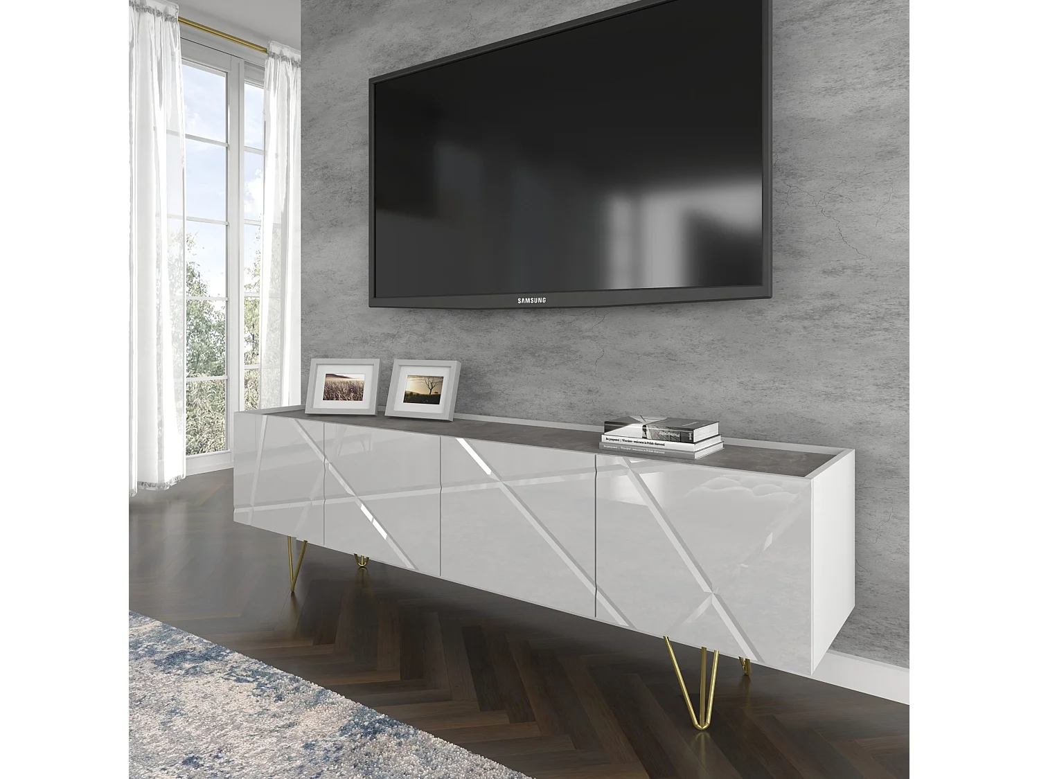 Meuble TV SPACE 180 cm 4D fraisée blanc brillant / béton