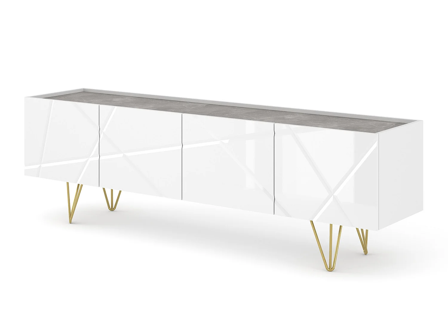 Meuble TV SPACE 180 cm 4D fraisée blanc brillant / béton