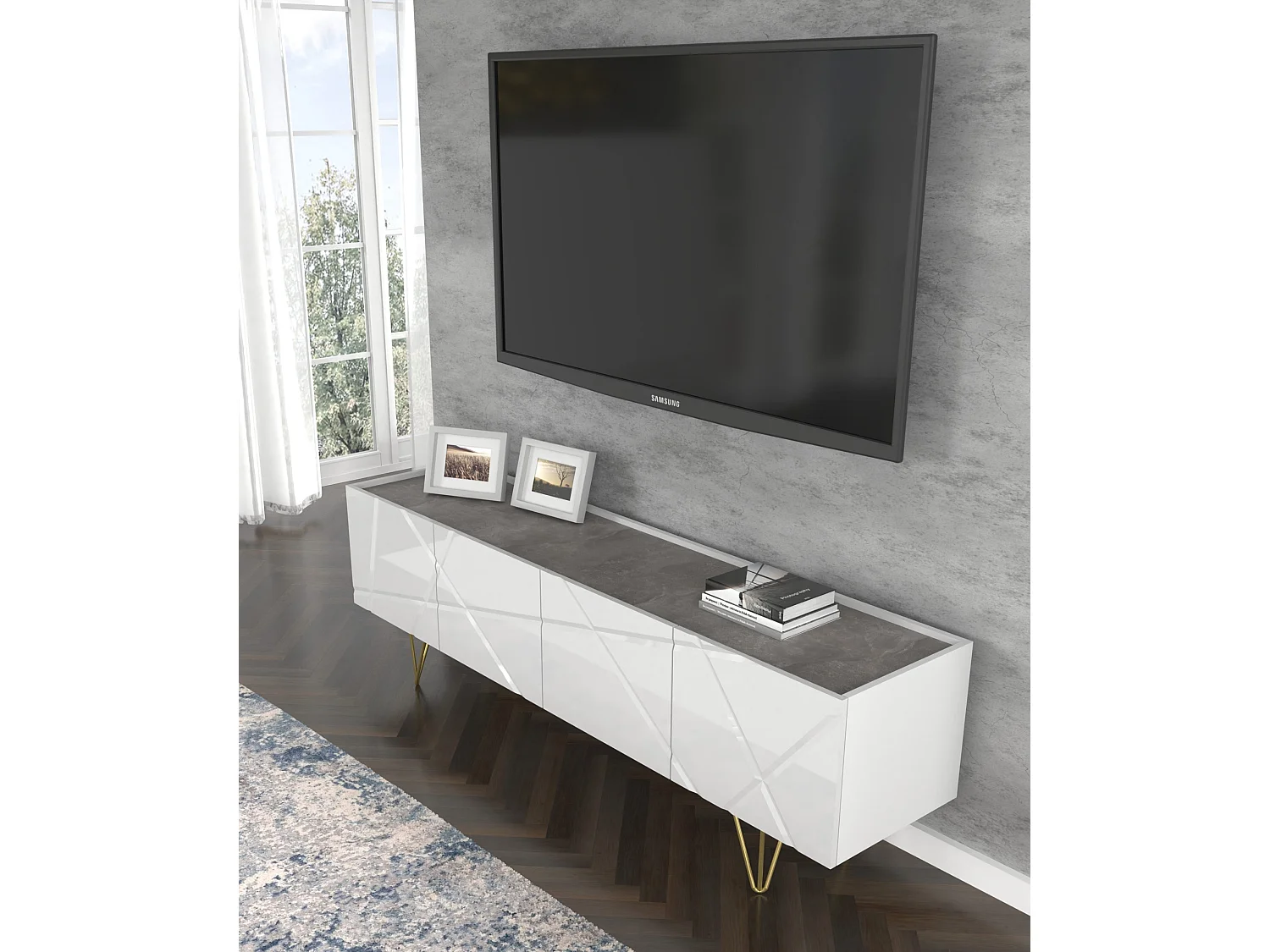 Meuble TV SPACE 180 cm 4D fraisée blanc brillant / béton