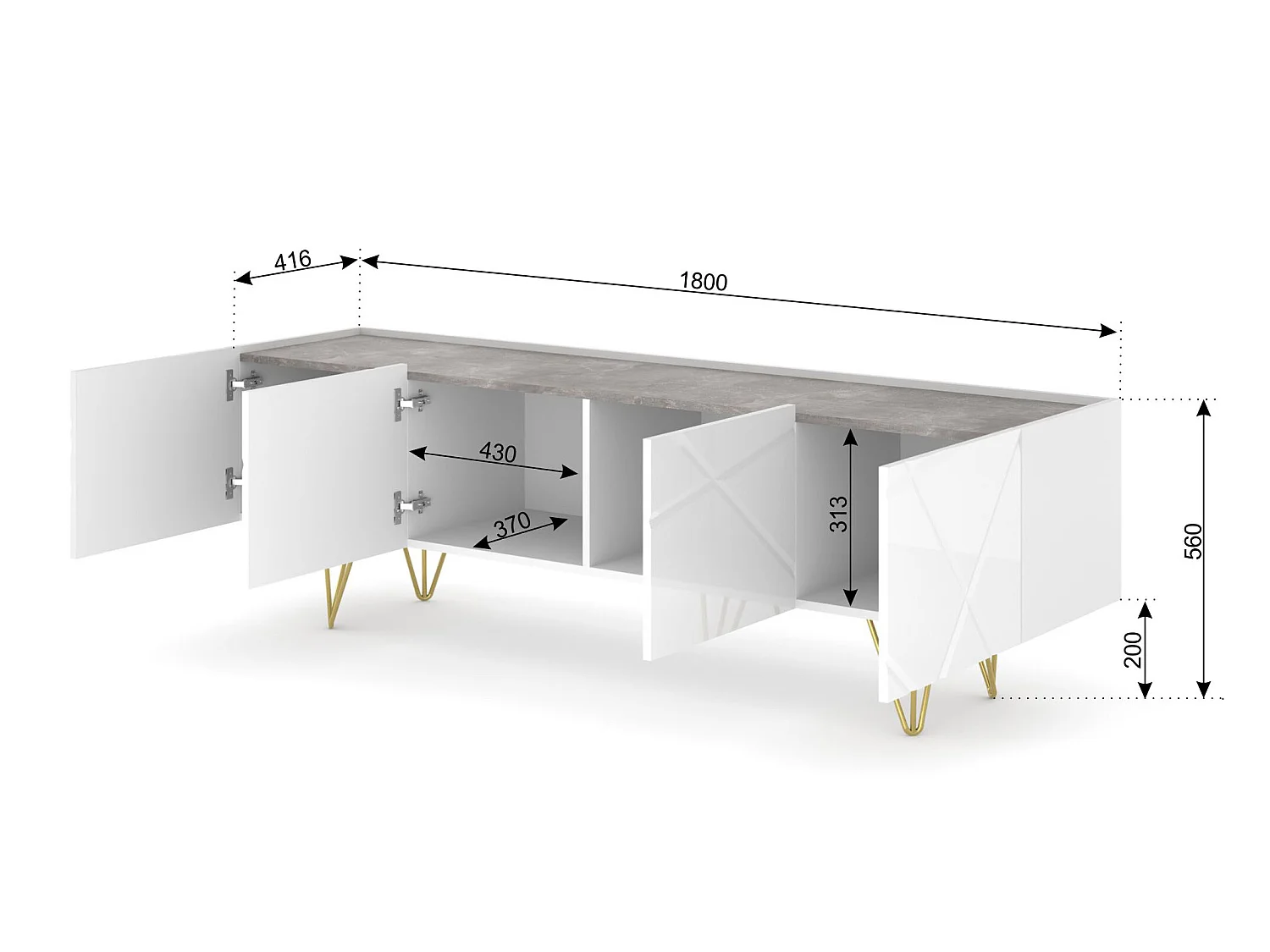 Meuble TV SPACE 180 cm 4D fraisée blanc brillant / béton