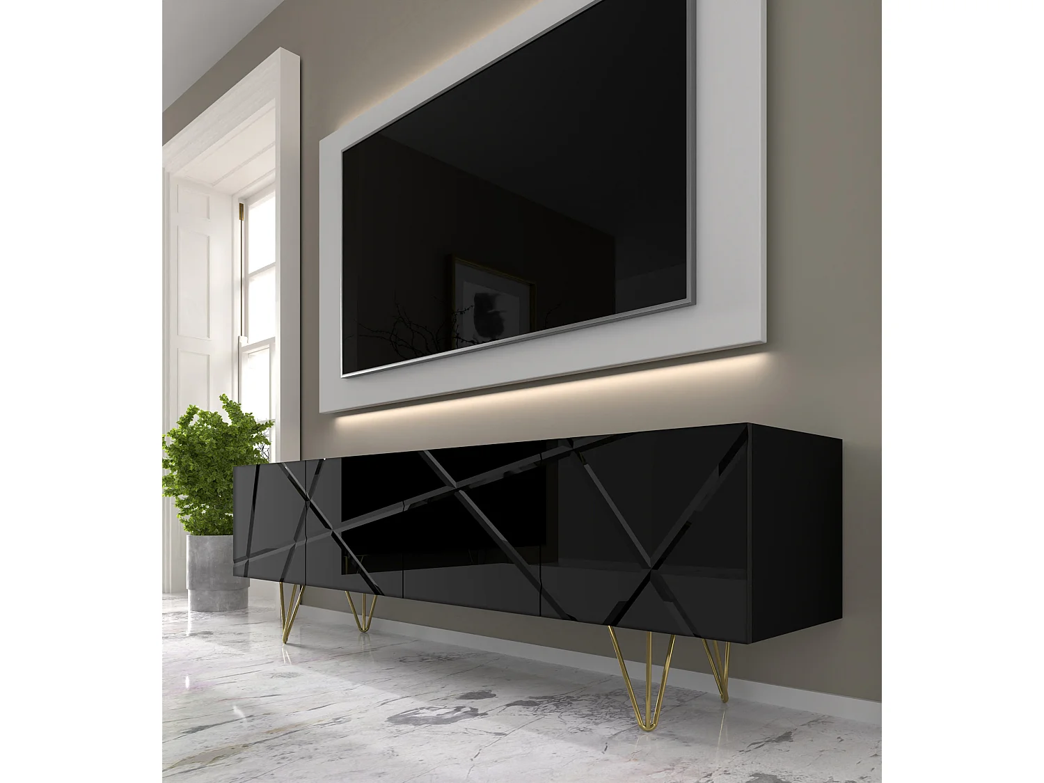 Meuble TV SPACE 180 cm 4D fraisée noir brillant