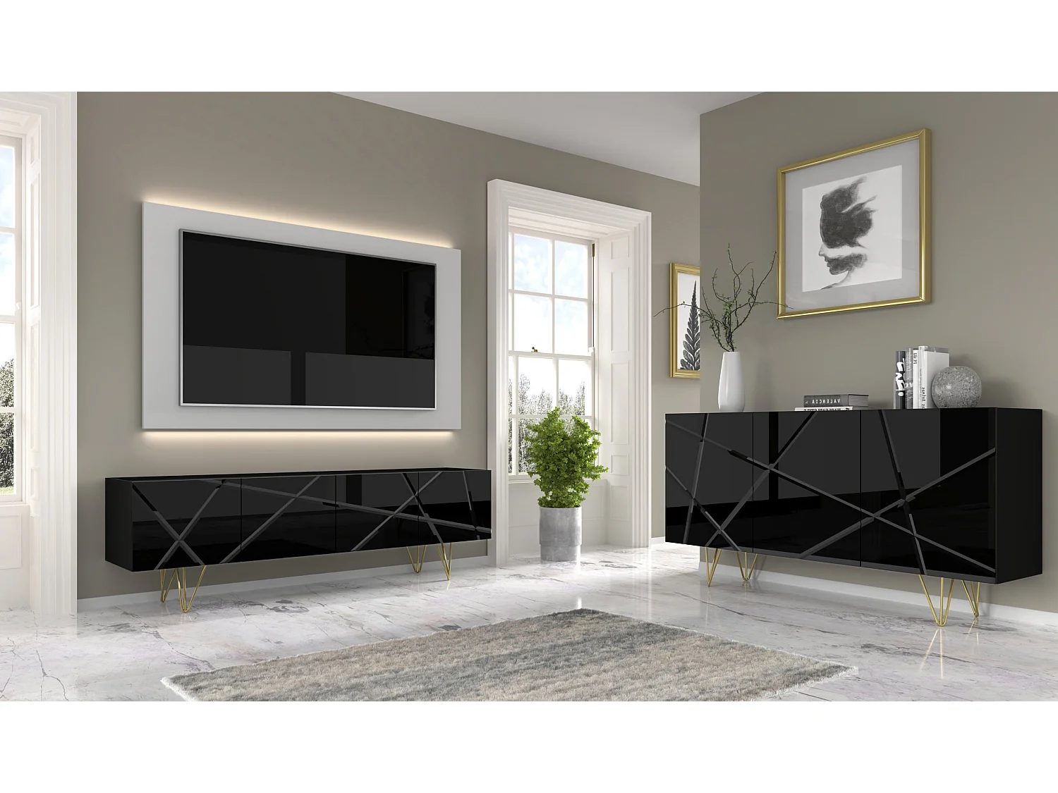 Meuble TV SPACE 180 cm 4D fraisée noir brillant