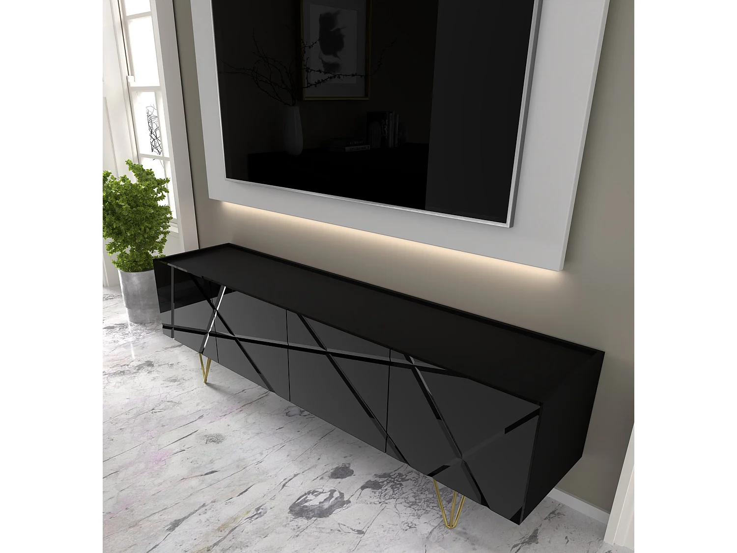 Meuble TV SPACE 180 cm 4D fraisée noir brillant