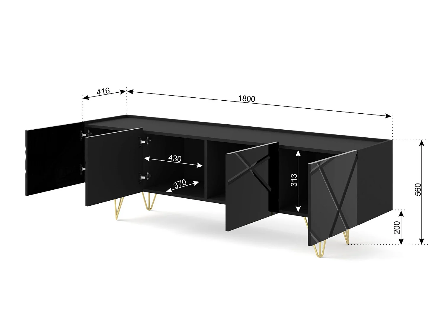 Meuble TV SPACE 180 cm 4D fraisée noir brillant