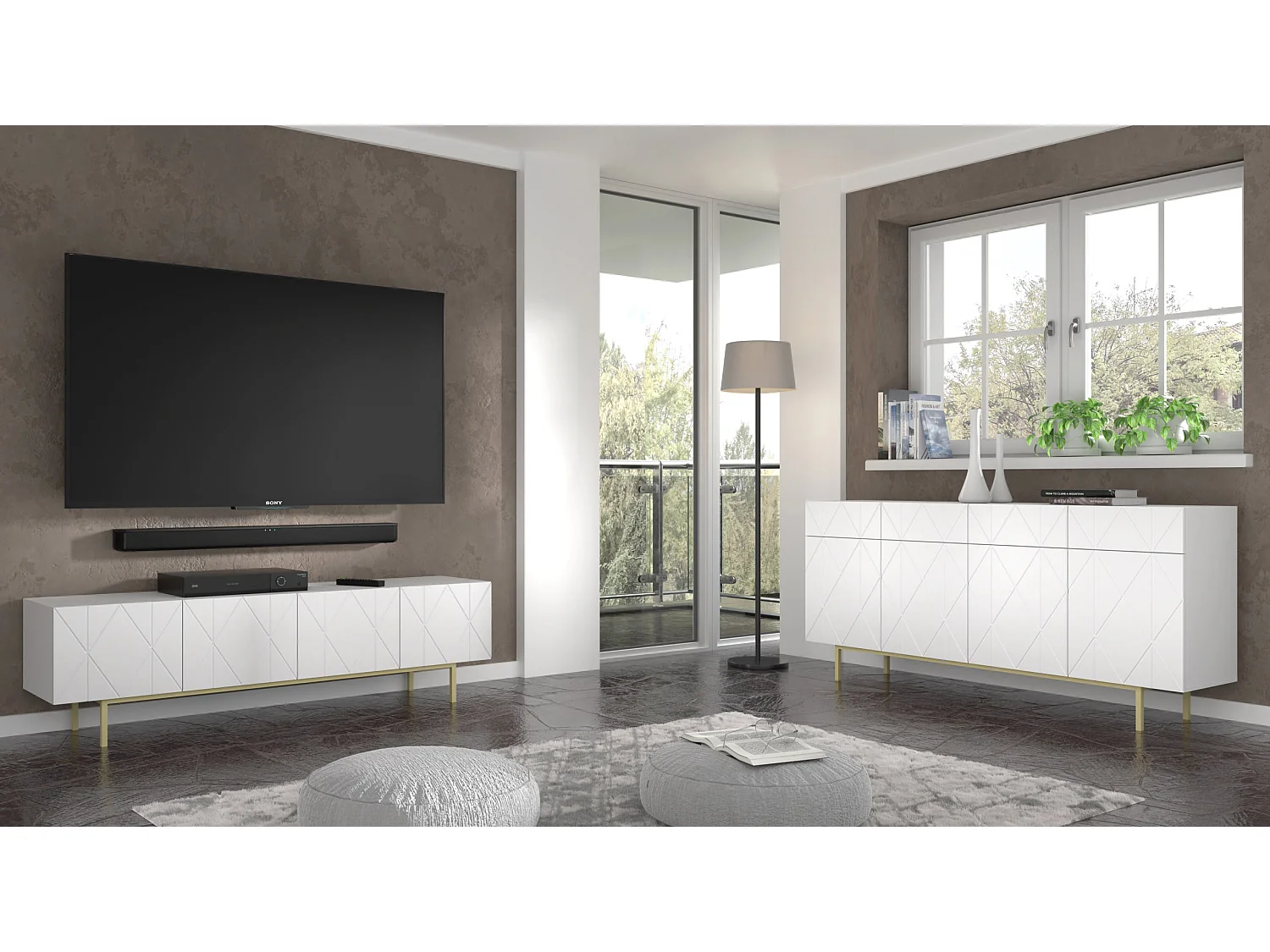 Mueble de TV KAIRO 180 cm 4D fresado blanco mate