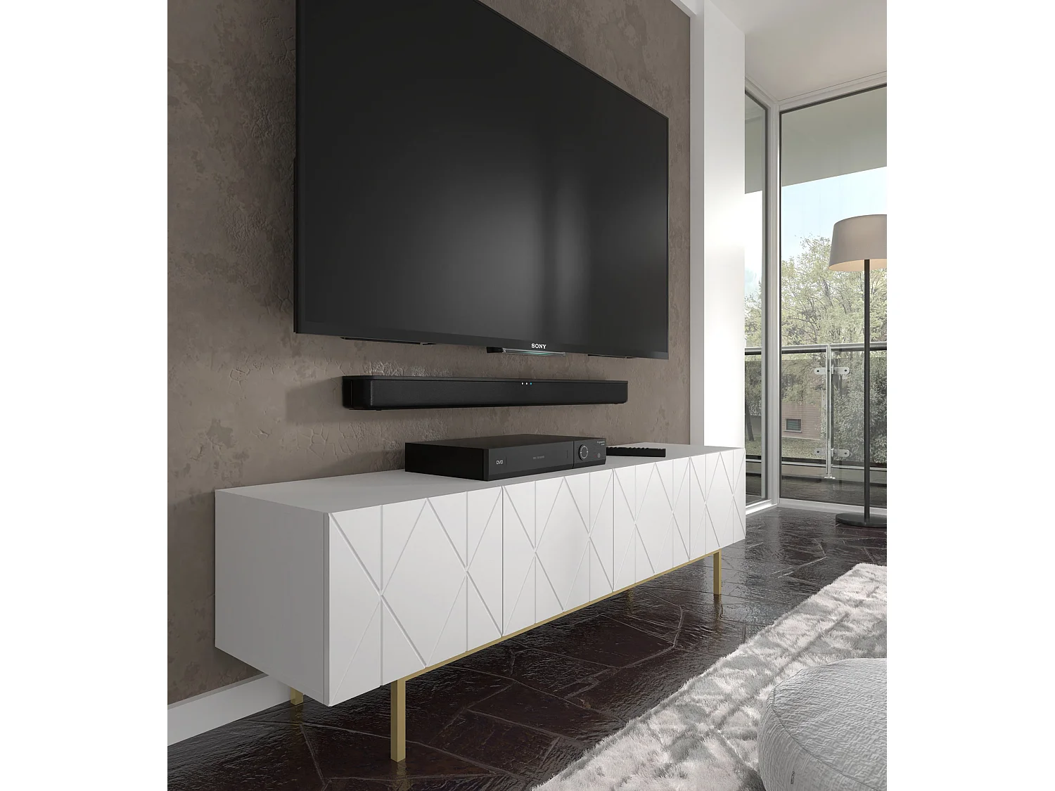 Meuble TV KAIRO 180 cm 4D fraisée blanc mat