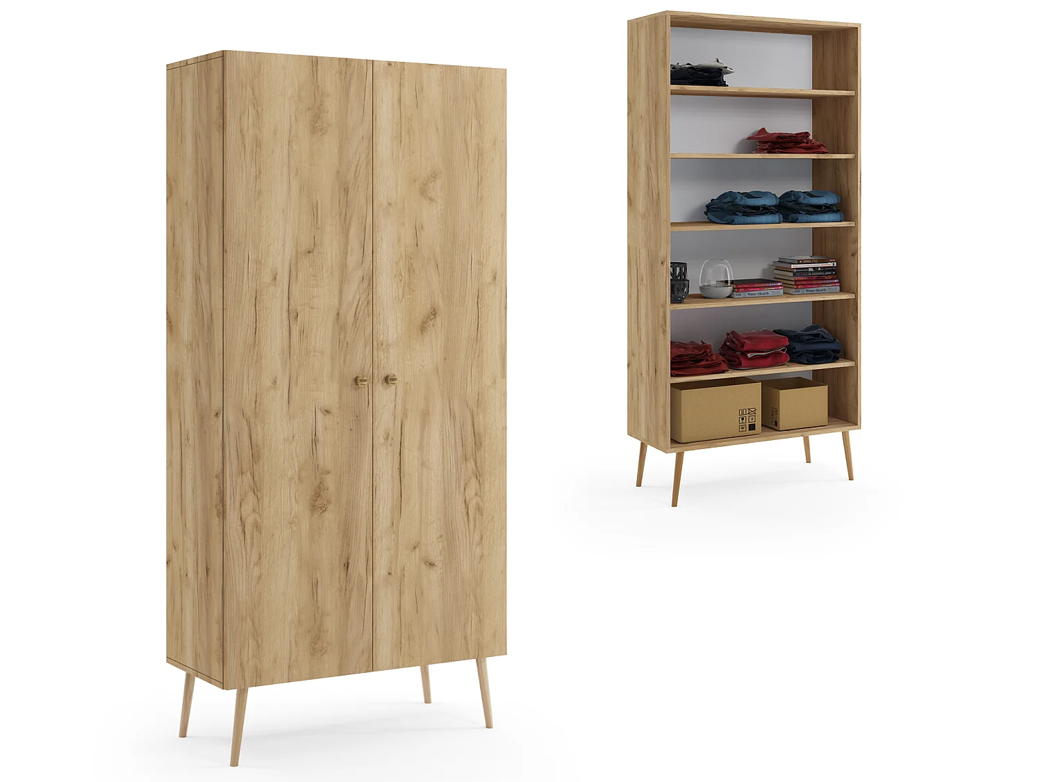 Armadio MALIBO 87 cm - 2 ante - 5 ripiani - rovere craft dorato